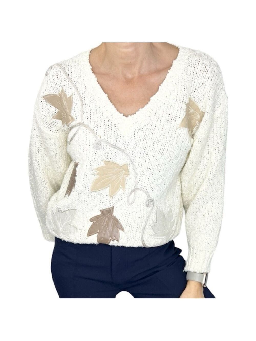 Vintage 80s 90s ivory leaf applique beaded nubby drop shoulder grandma sweater
